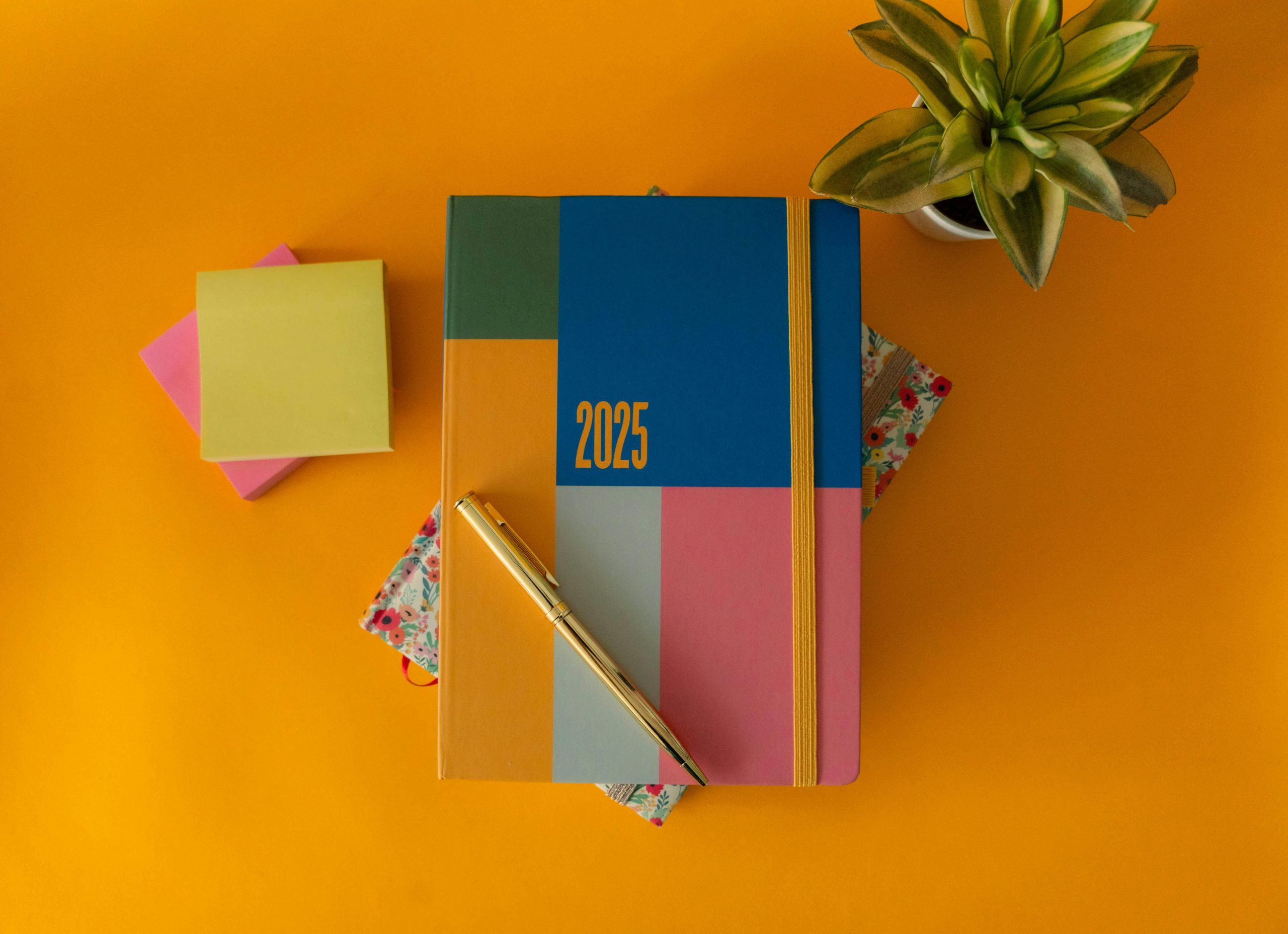 A vibrant flat lay of a 2025 planner, pen, sticky notes, and plant on a bright background.